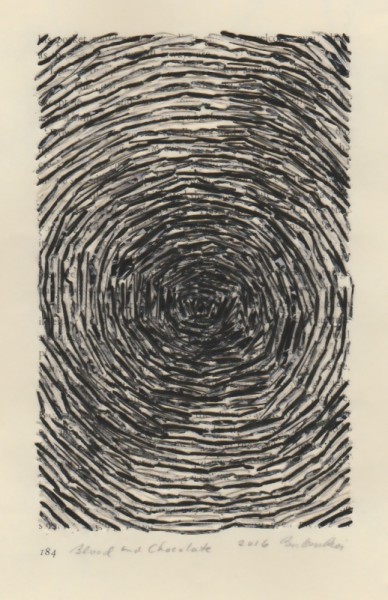 “Blood and Chocolate” by Barbara Price, 2016 (magnetic tape, cotton and waxed line on paper, 4.25″ x 7″)