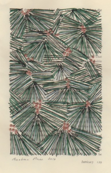 “Intricacy 129” by Barbara Price, 2016 (cotton line on paper, 4.25″ x 7″)