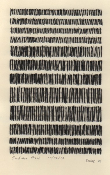 “Seeing 23” by Barbara Price, 10/05/13 (cotton line on paper, 4.25″ x 7″)