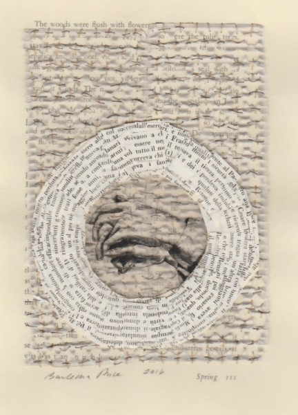“Spring 111” by Barbara Price, 2016 (collage, waxed line and acetate on paper, 4.25″ x 7″)