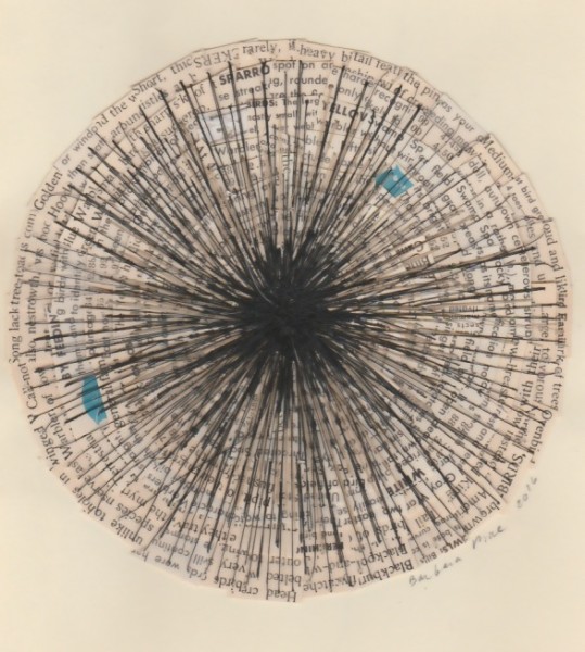 "Untitled (Birds)” by Barbara Price, 2016 (collage, cotton line, horsehair on paper, 5.75” diameter)